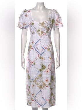 Rare Reformation White Patchwork Floral Verna Pierce Linen Midi Dress 10